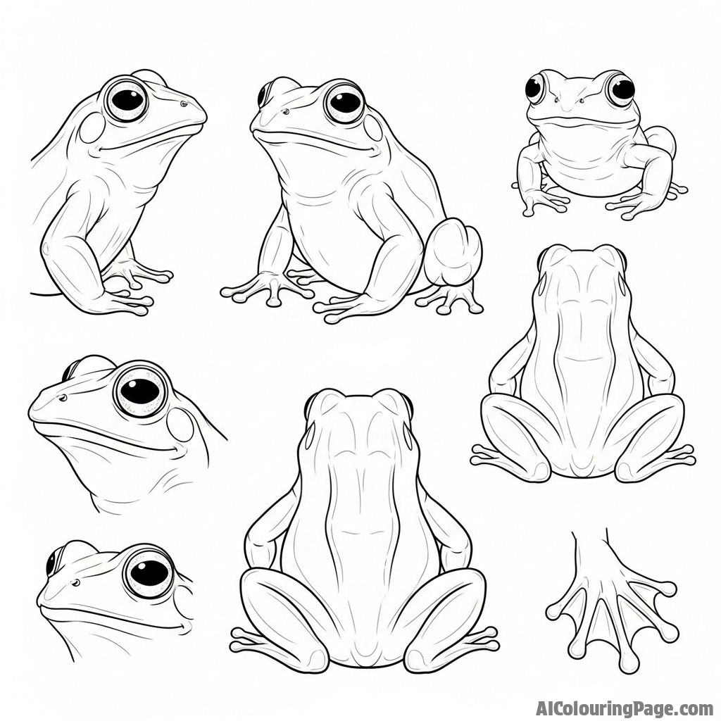 A sketch of a frog from multiple angles, like a character design sheet.