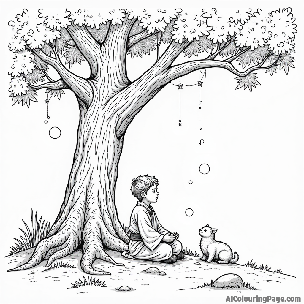 A young Padawan meditating under a giant tree, with glowing orbs of light floating around and friendly creatures nearby.