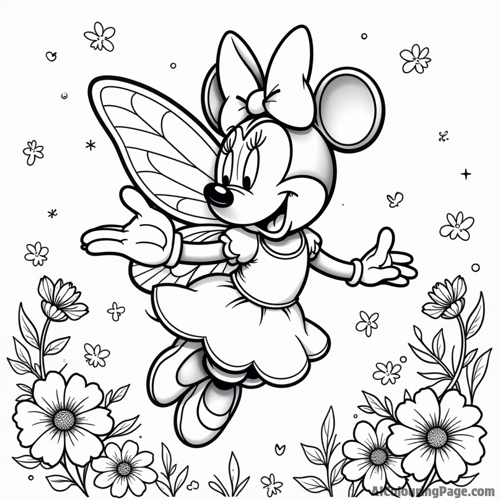 Minnie Mouse dressed as a fairy, with butterfly wings, flying among flowers and sparkling fairy dust in the garden.