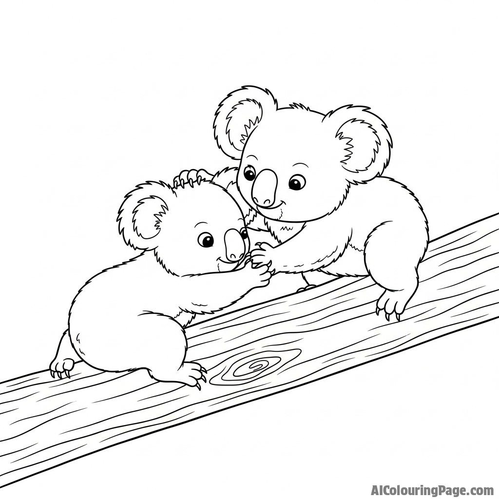 Two young koalas playfully wrestling on a thick, textured bough.