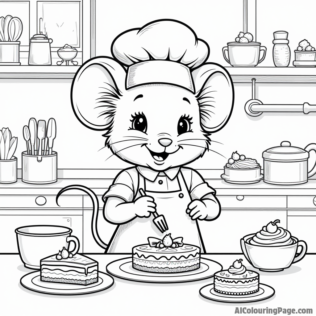 A cute chef mouse creating chocolate desserts in a cozy kitchen filled with baking tools and sweet treats.