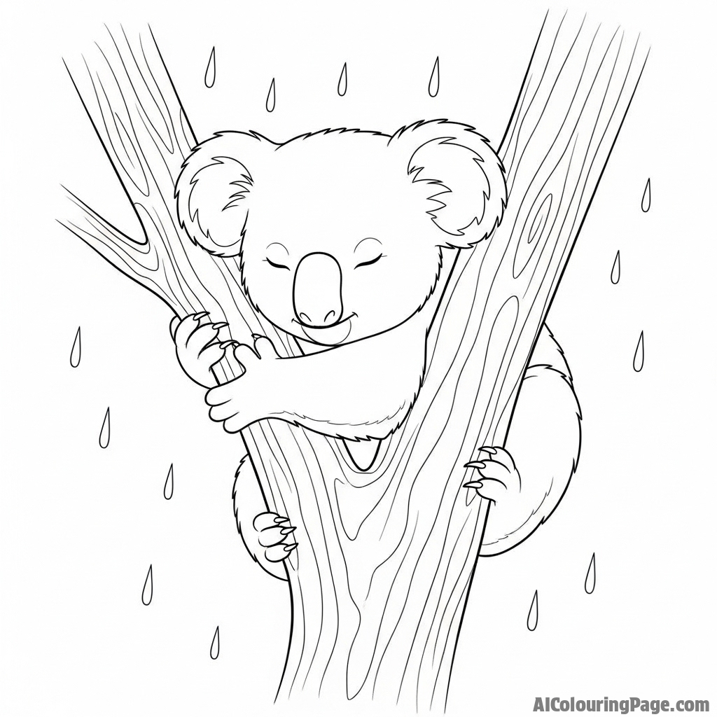 A koala peacefully asleep while gentle raindrops fall around it.