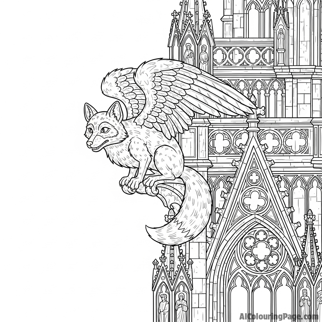 A stone gargoyle in the shape of a winged fox on an old gothic cathedral.