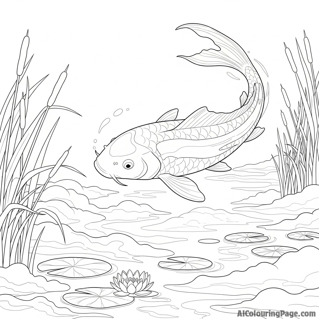 A ghostly, translucent koi swimming through a pond shrouded in thick morning mist.