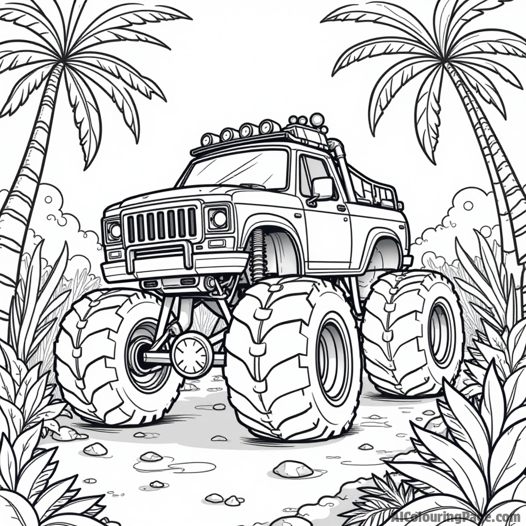 A monster truck on a treasure hunt, navigating through a jungle filled with exotic plants and animals, inspiring kids to unleash their imagination while coloring this adventurous scene.