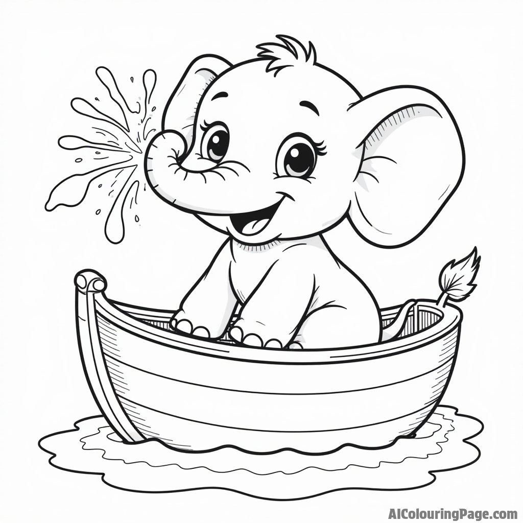 A cute baby elephant splashing water with its trunk while sitting on the ark, with Noah smiling nearby.