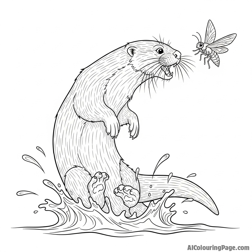 A powerful river otter leaping from the water to catch an insect.