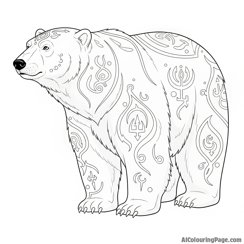 A fantasy illustration of a polar bear with glowing symbols etched into its fur.