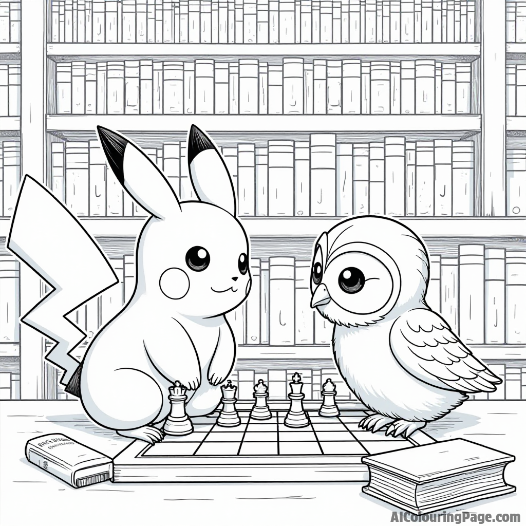 Pikachu playing chess with a wise old owl in a library filled with books