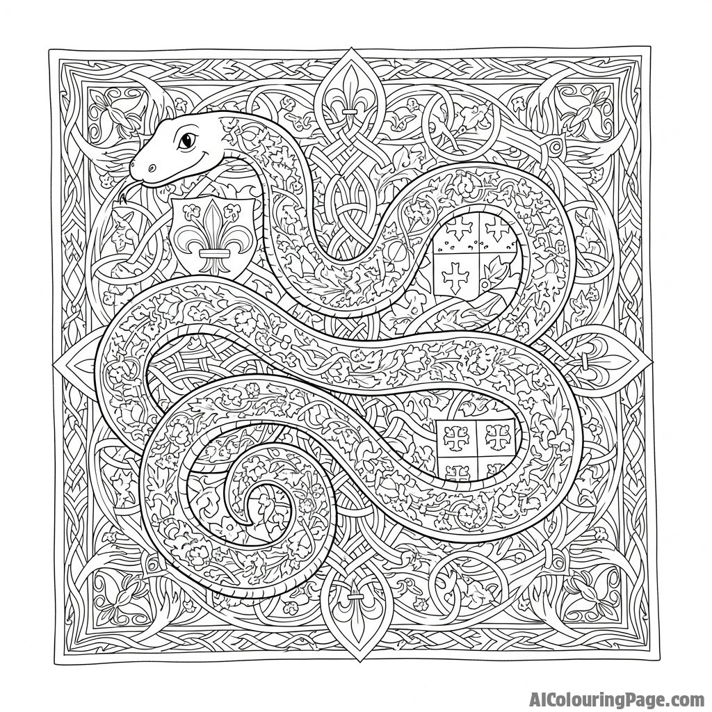 A serpent woven into the complex design of an intricate medieval tapestry.
