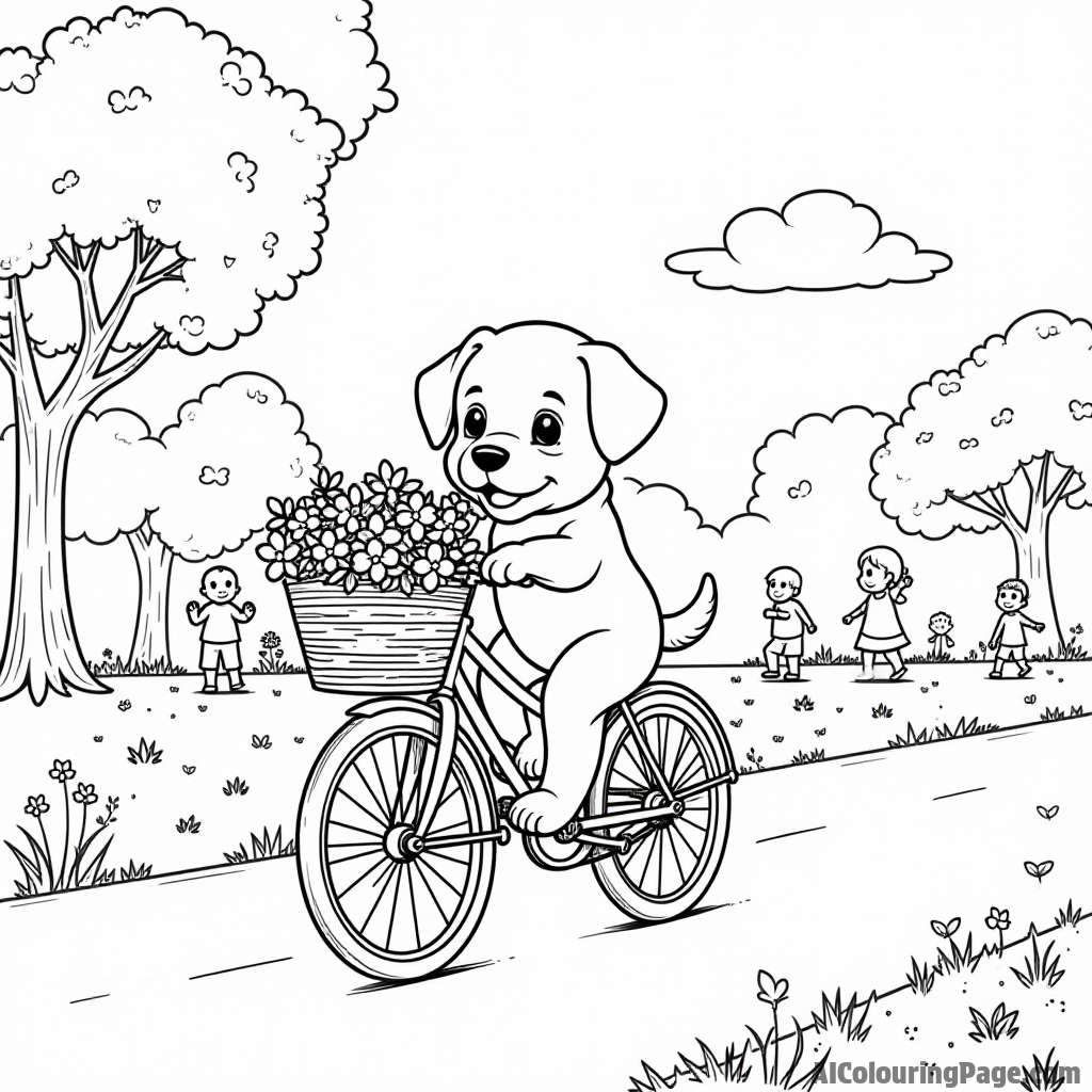 A puppy riding a bicycle with a basket full of flowers, cruising through a sunny park with trees and children playing.