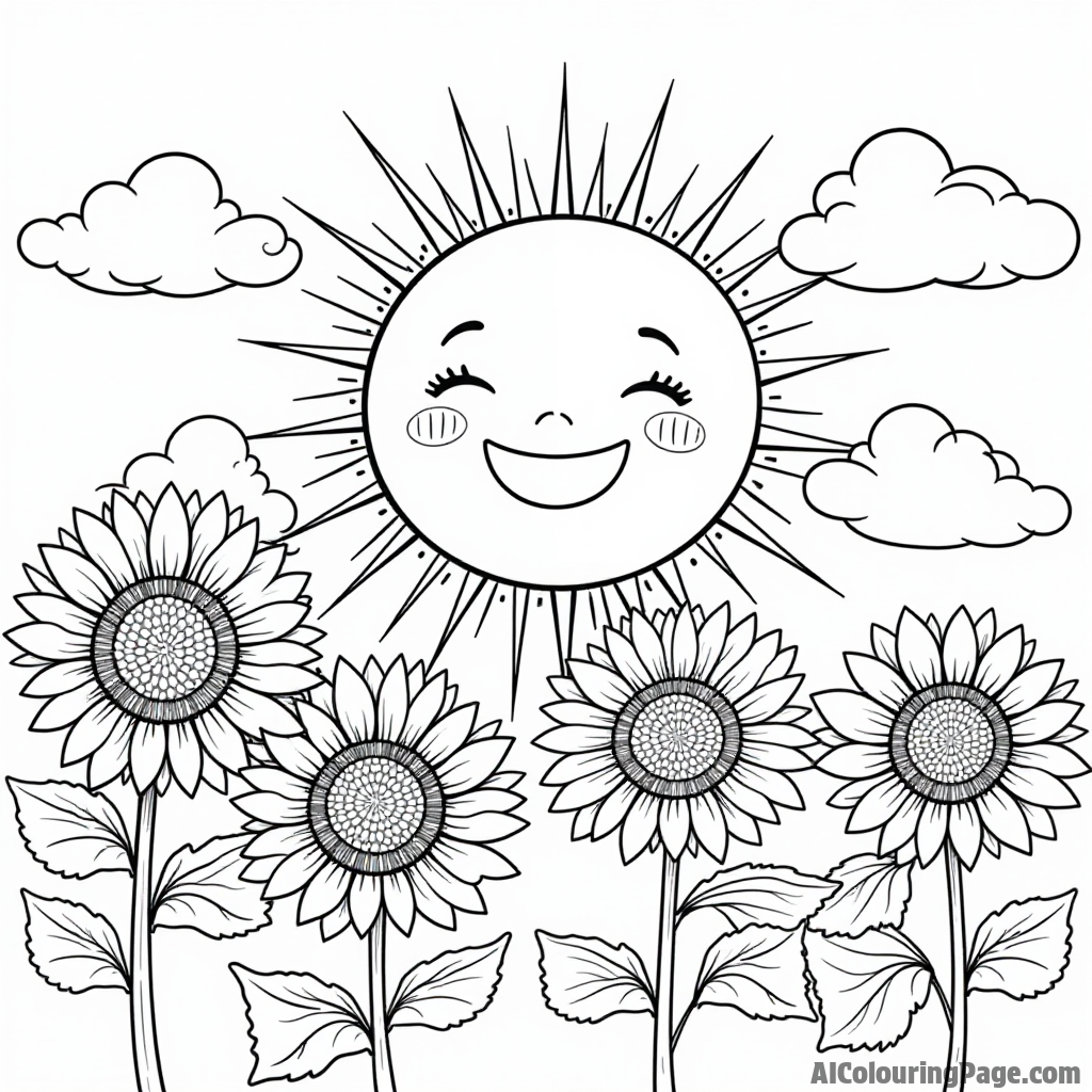 A cheerful sun with a big smile peeking out from behind fluffy clouds over a field of sunflowers swaying in the breeze.