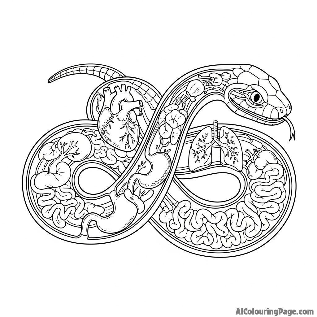 A detailed scientific illustration of a snake’s anatomy, showing its internal organs.