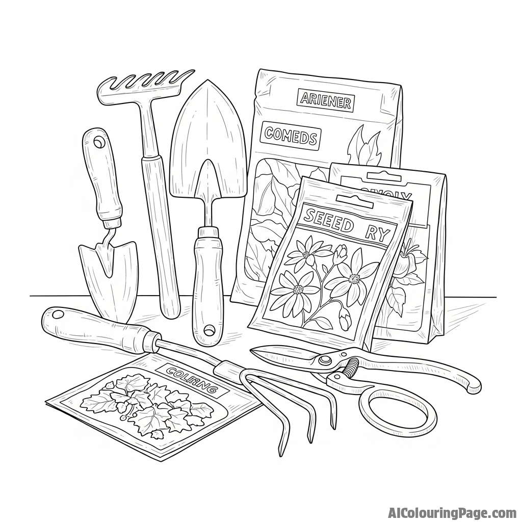 Still life of gardening tools and seed packets.