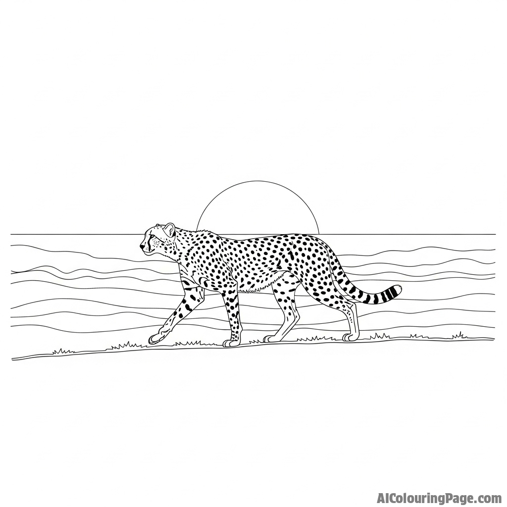 A solitary cheetah walking along a ridge at dawn, with mist settled in the valley below.