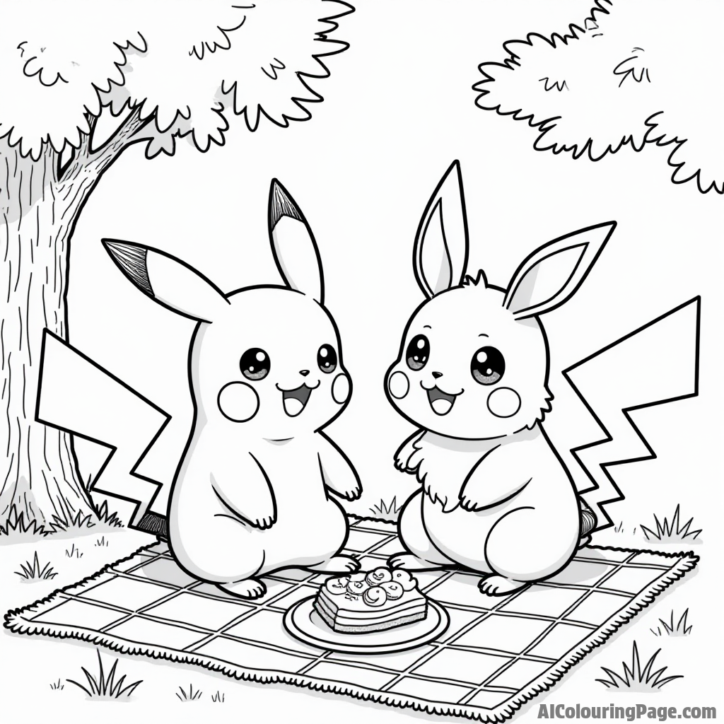 Pikachu and a friendly Eevee sharing a picnic with snacks and a checkered blanket under a shady tree