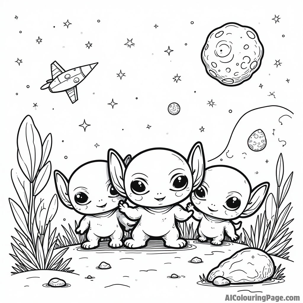 A group of adorable aliens playing hide-and-seek behind colorful asteroids with a beautiful starry sky above.