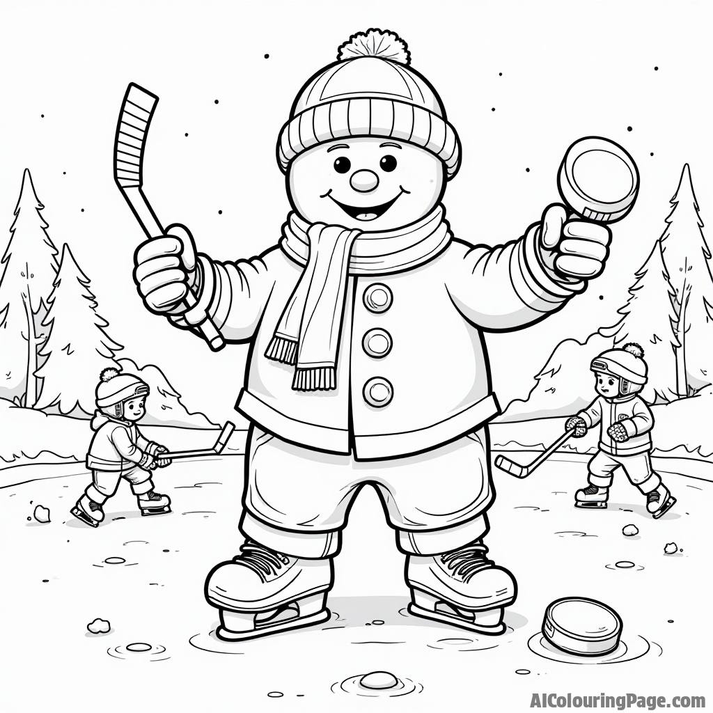 A snowman dressed in hockey gear, holding a hockey stick and puck, standing on a frozen pond with kids playing around.