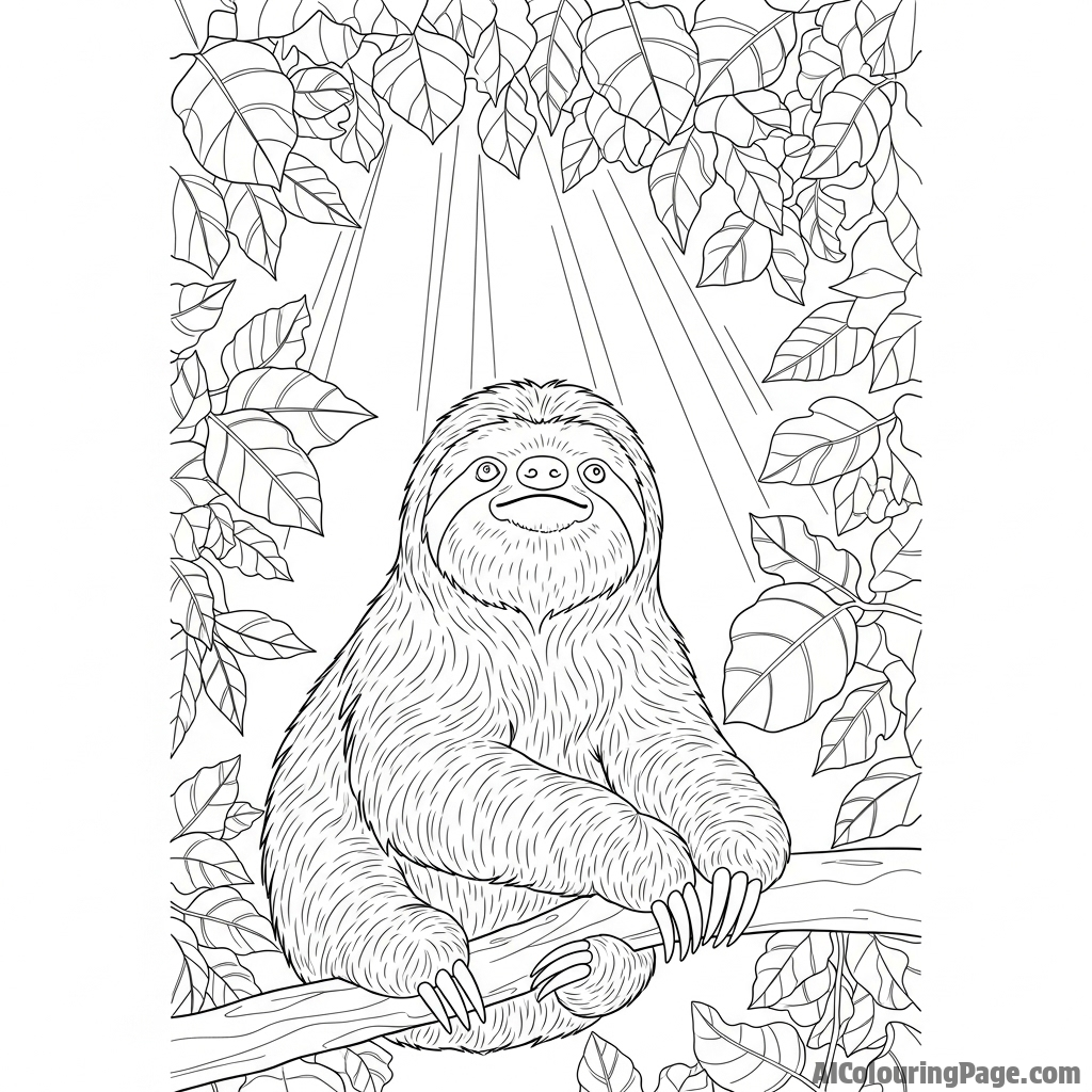 A sloth looking up at a canopy of leaves, with shafts of light filtering down.