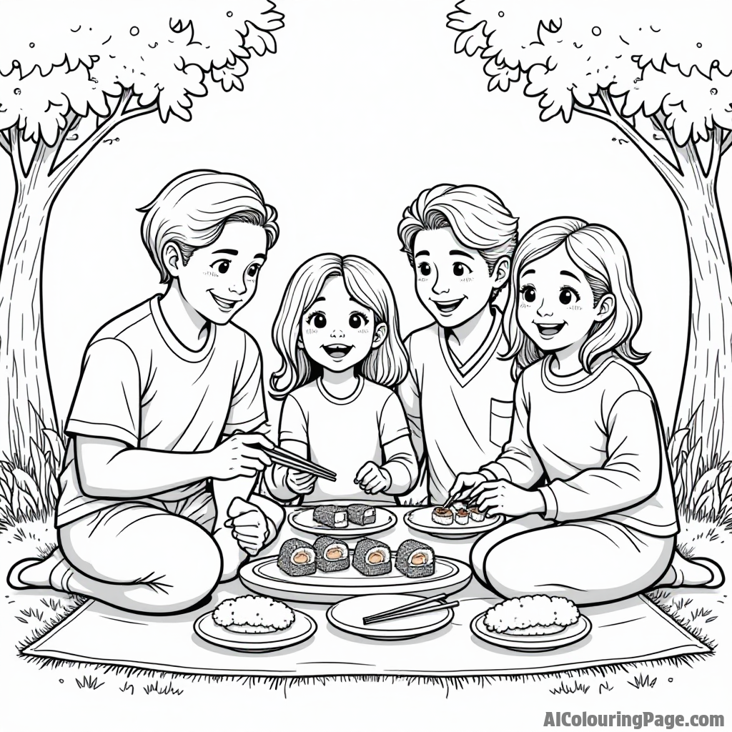 A picnic scene featuring sushi platters, a happy family enjoying lunch, and a playful dog trying to steal sushi.