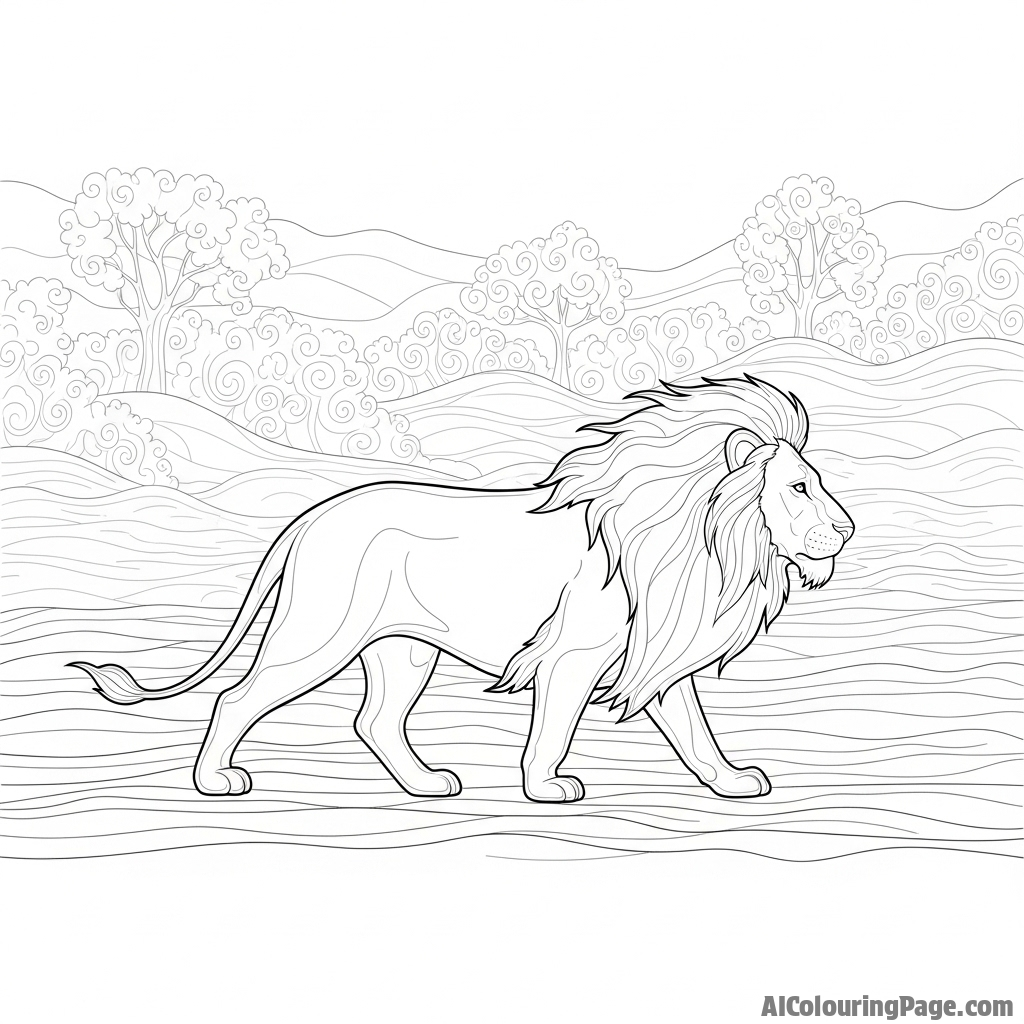 A spectral, ghost-like lion padding silently through a foggy landscape.