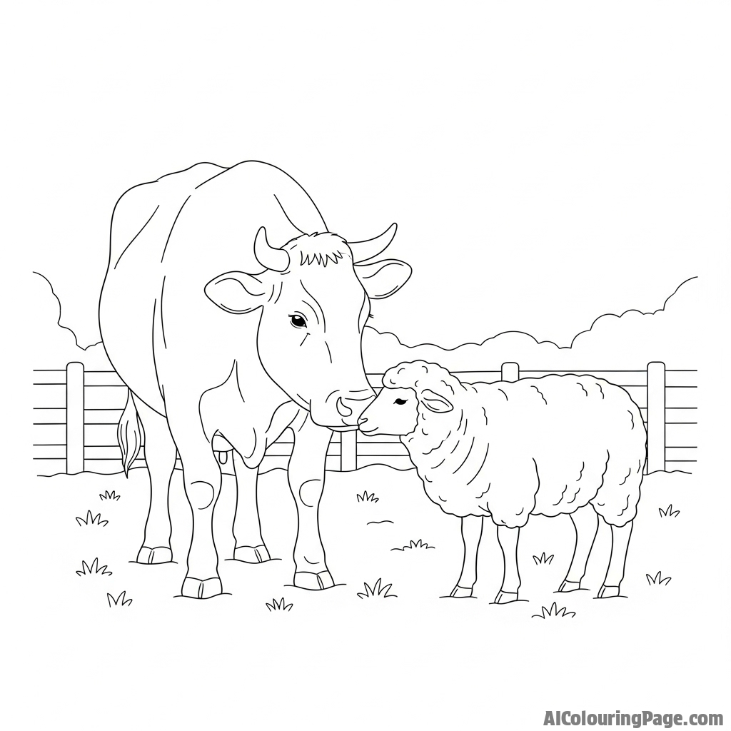 A gentle cow nuzzling a sheep in a peaceful farm scene, soft lighting.