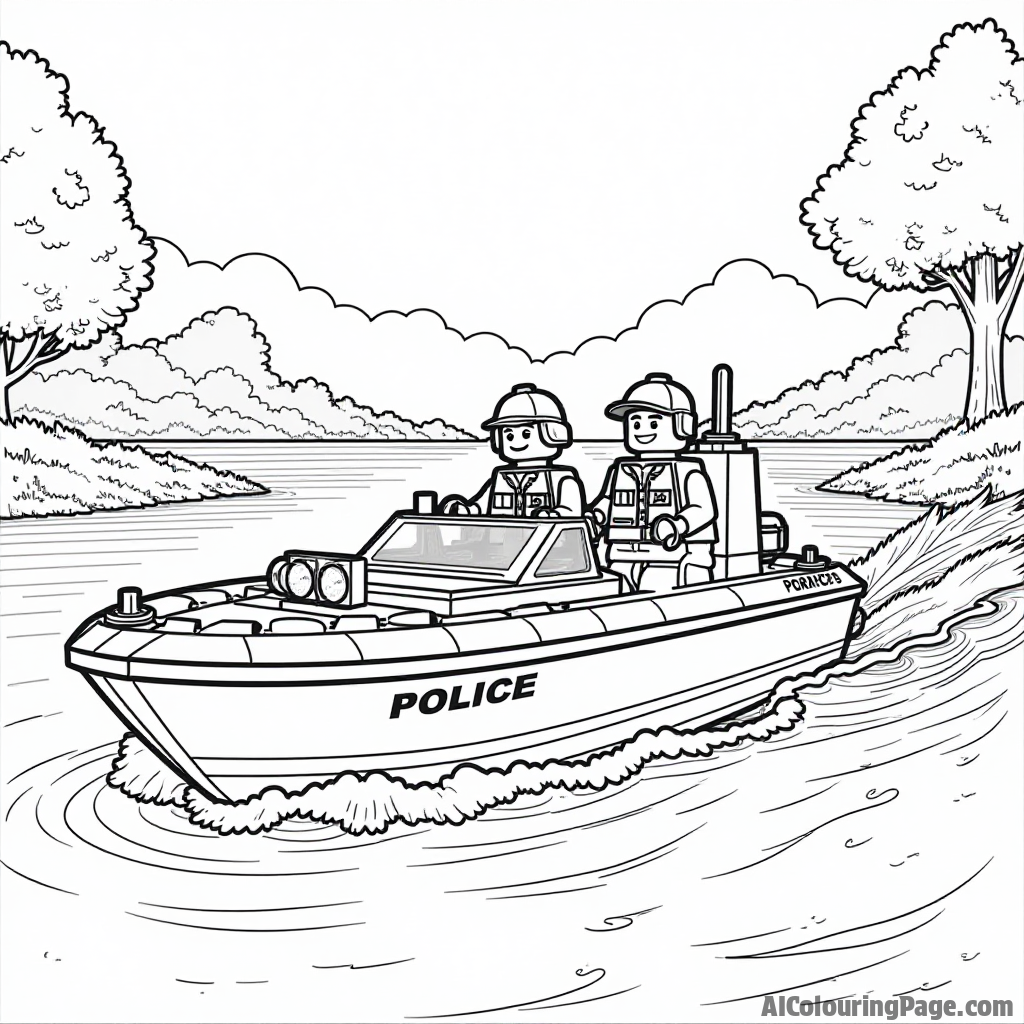 A Lego police boat on a river made of Lego, with officers on board looking for clues, allowing kids to color a thrilling water adventure.