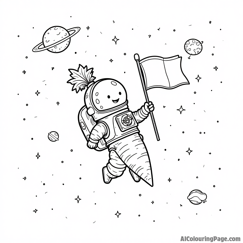 A cartoon carrot astronaut floating in space, holding a flag, with stars and planets surrounding it in the vast universe.