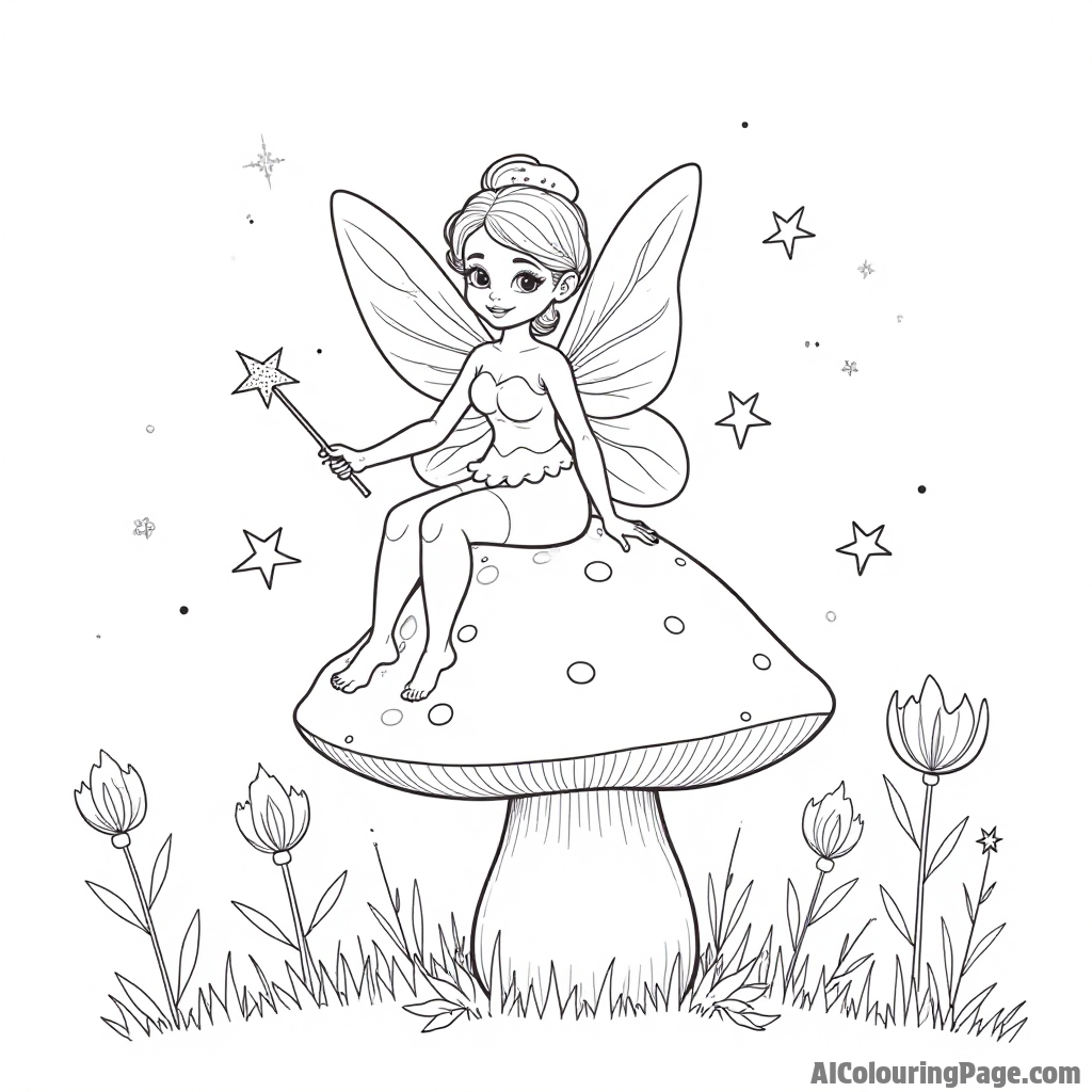 A friendly fairy sitting on a mushroom surrounded by sparkling stars and a magical wand in a whimsical forest setting