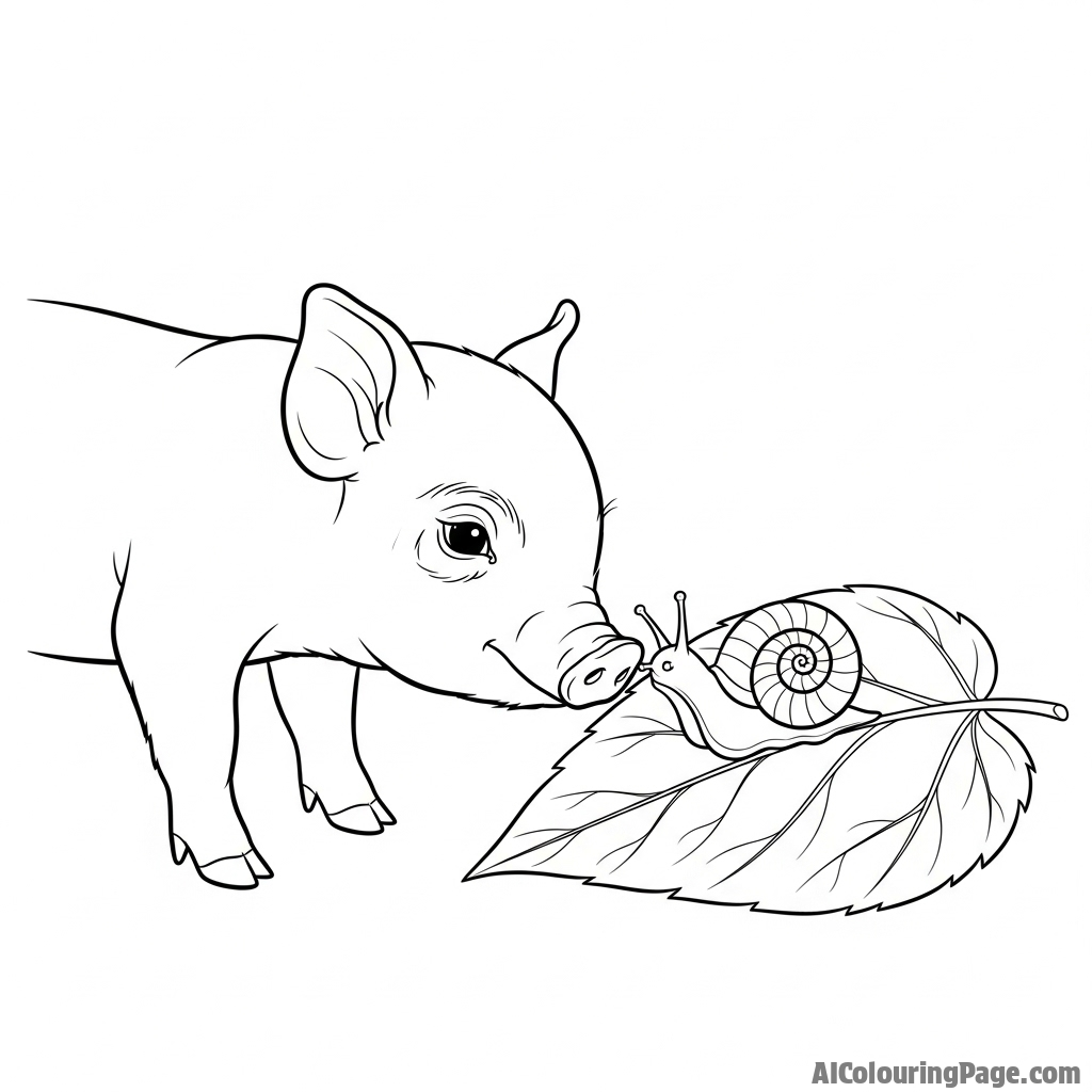 A piglet carefully sniffing a snail on a leaf.