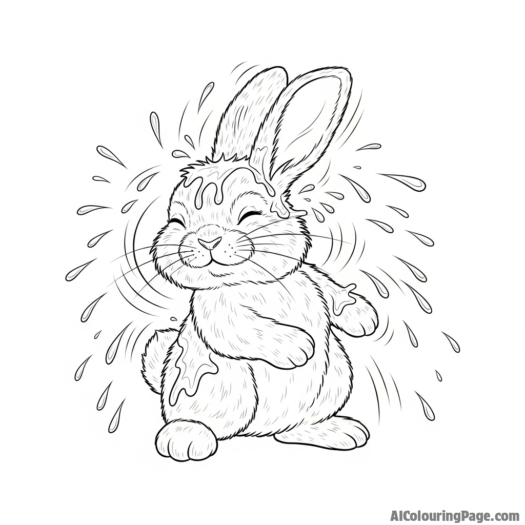A fluffy bunny shaking itself dry after a light rain, water droplets flying in all directions.