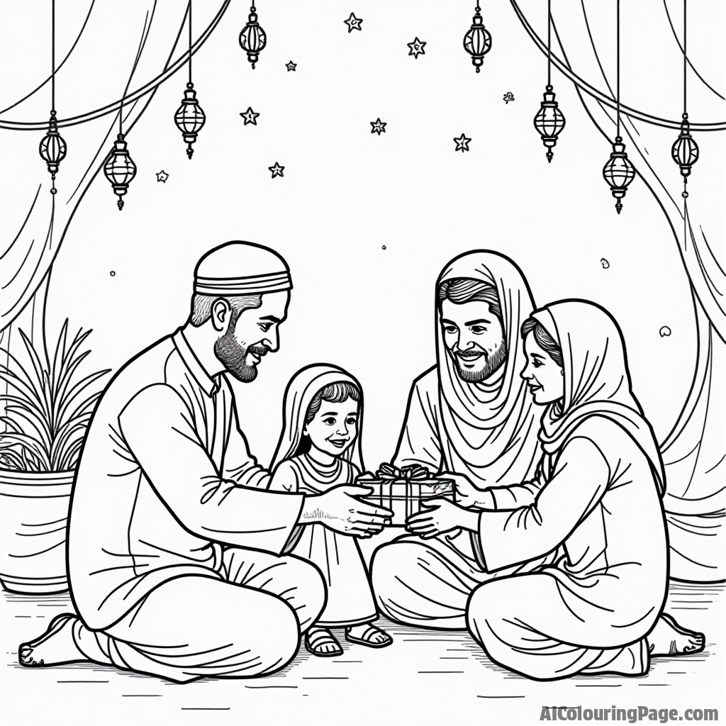 A colorful Eid al-Fitr celebration scene with families exchanging gifts and wearing traditional clothing, capturing the joy of the festival at the end of Ramadan. Festivals and Traditions Coloring Sheets.