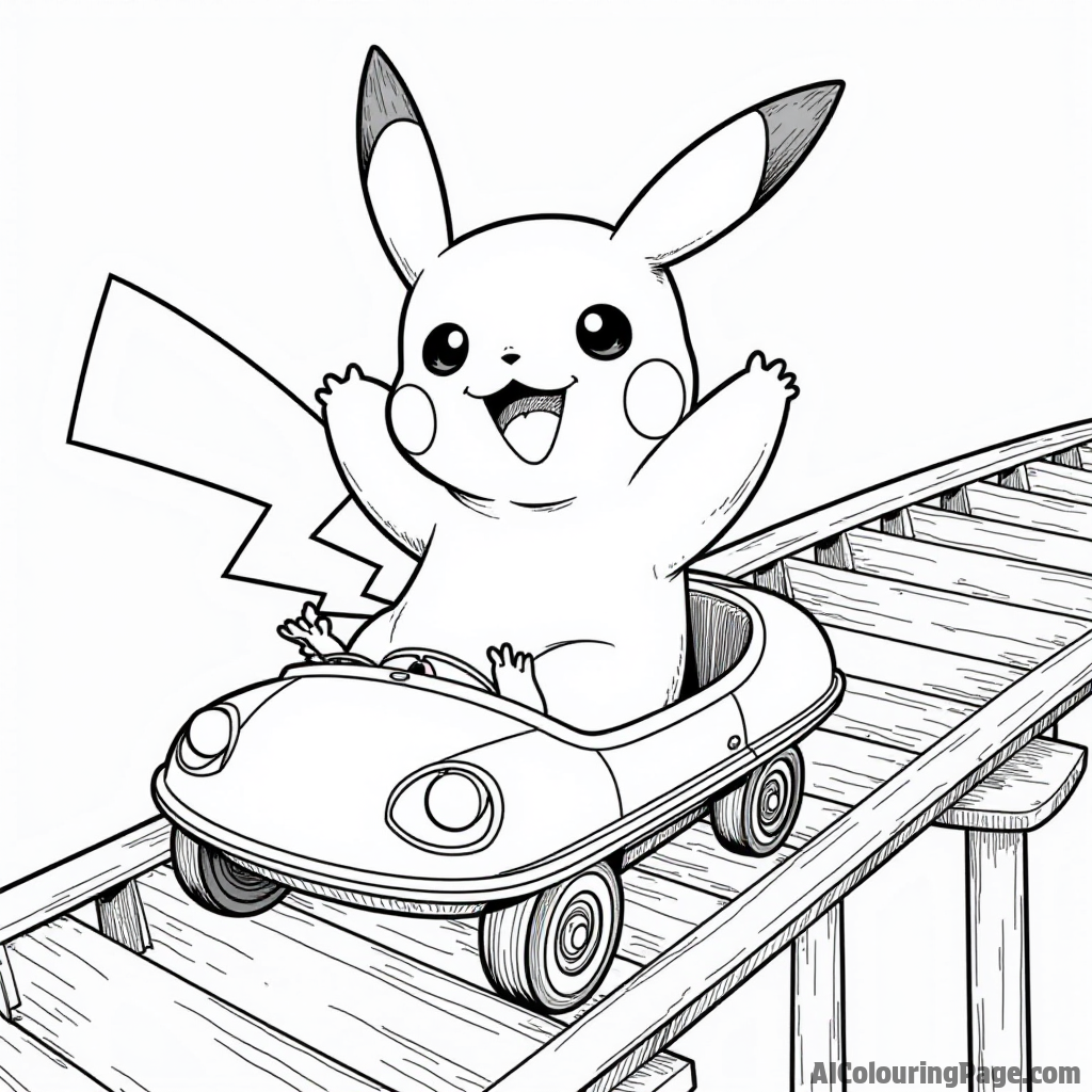 Pikachu riding a rollercoaster with a joyful expression and hands in the air