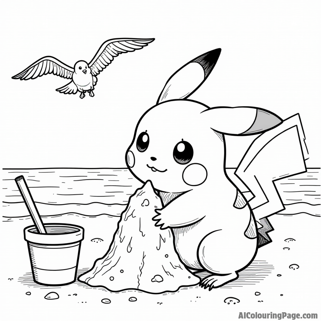 Pikachu building a sandcastle at the beach with a colorful bucket and spade nearby while seagulls fly above