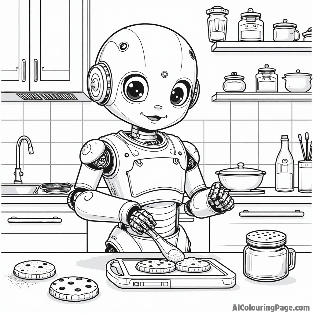 A friendly robot baking cookies in a futuristic kitchen, featuring high-tech gadgets and a variety of cookie jars.