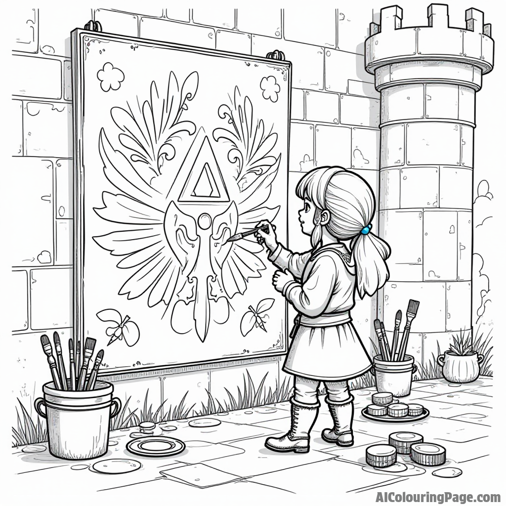 Zelda painting a mural on a castle wall with colorful designs, surrounded by paintbrushes, paint pots, and excited helpers