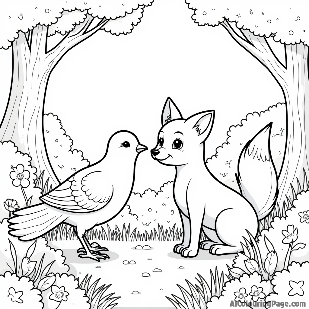 A dove and a friendly fox playing hide and seek among bushes and flowers in a vibrant forest for kids to color.