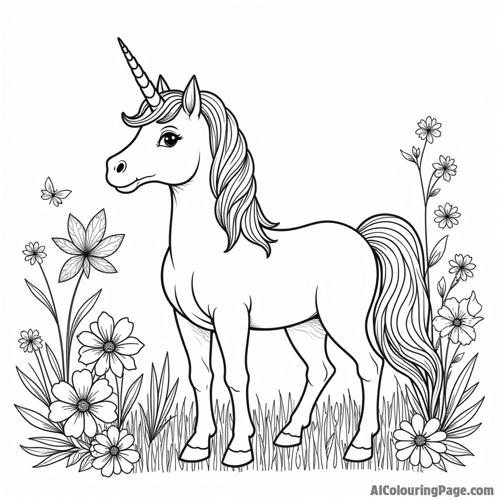 A unicorn with a sparkling horn standing in a mystical garden with vibrant flowers and fluttering fairies, inviting creativity.