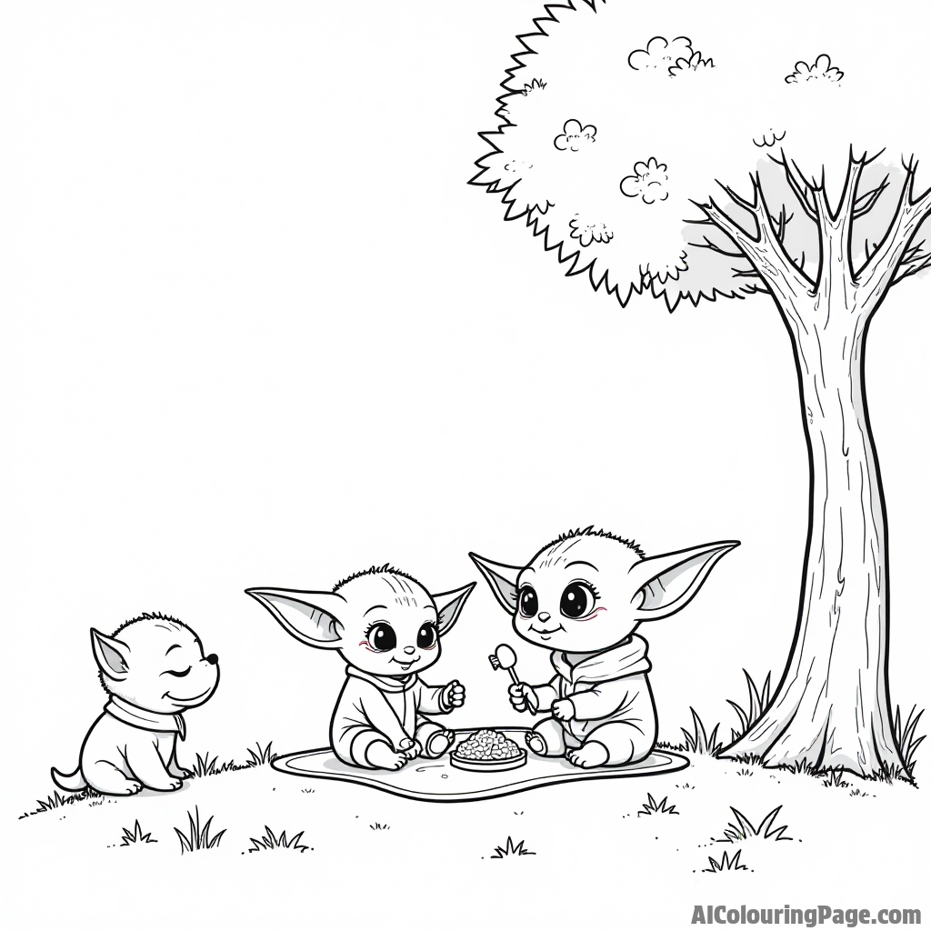 Baby Yoda having a picnic with friends on a grassy hill with a big tree nearby