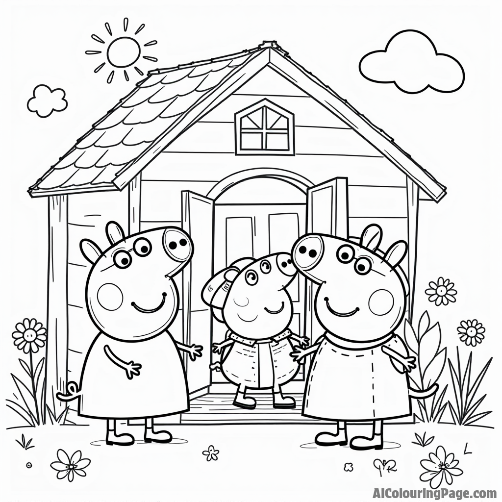 Peppa Pig and her friends playing dress-up in a playhouse filled with fun costumes and accessories on a sunny day.