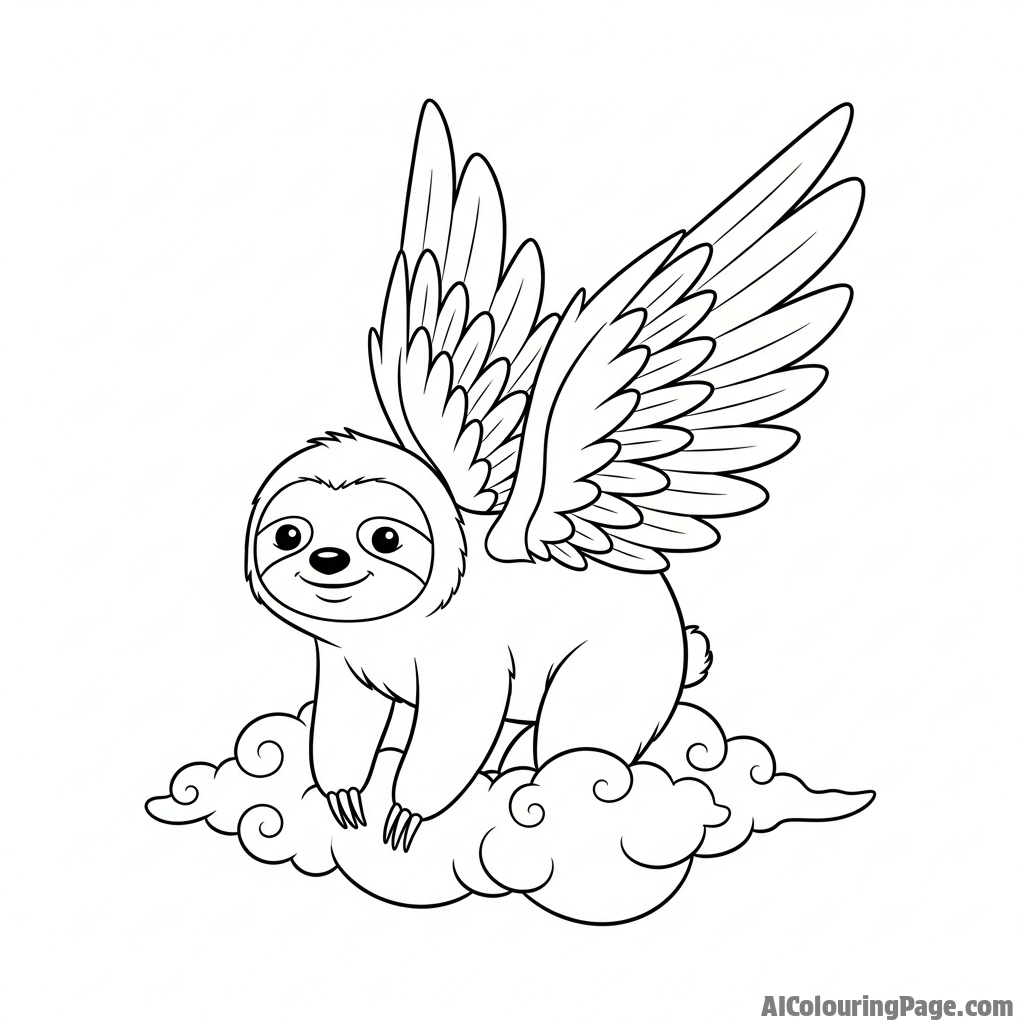 A sloth with delicate, feathery wings, perched on a wisp of a cloud.