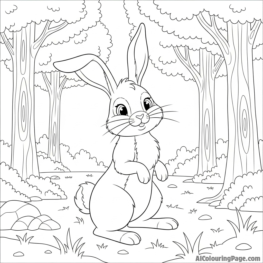 A rabbit standing on its hind legs, ears perked, listening intently in a quiet forest.