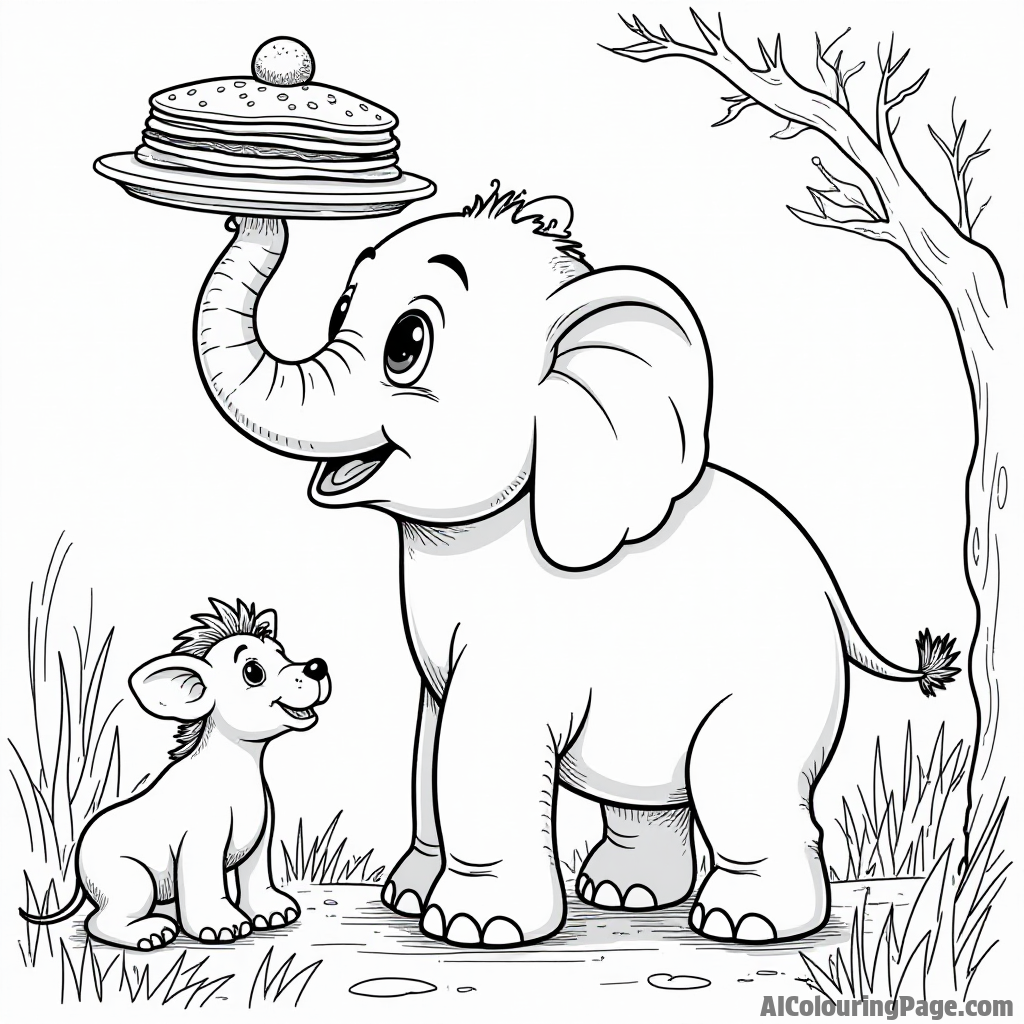 A playful elephant balancing a large pancake on its trunk, surrounded by jungle animals watching in amazement