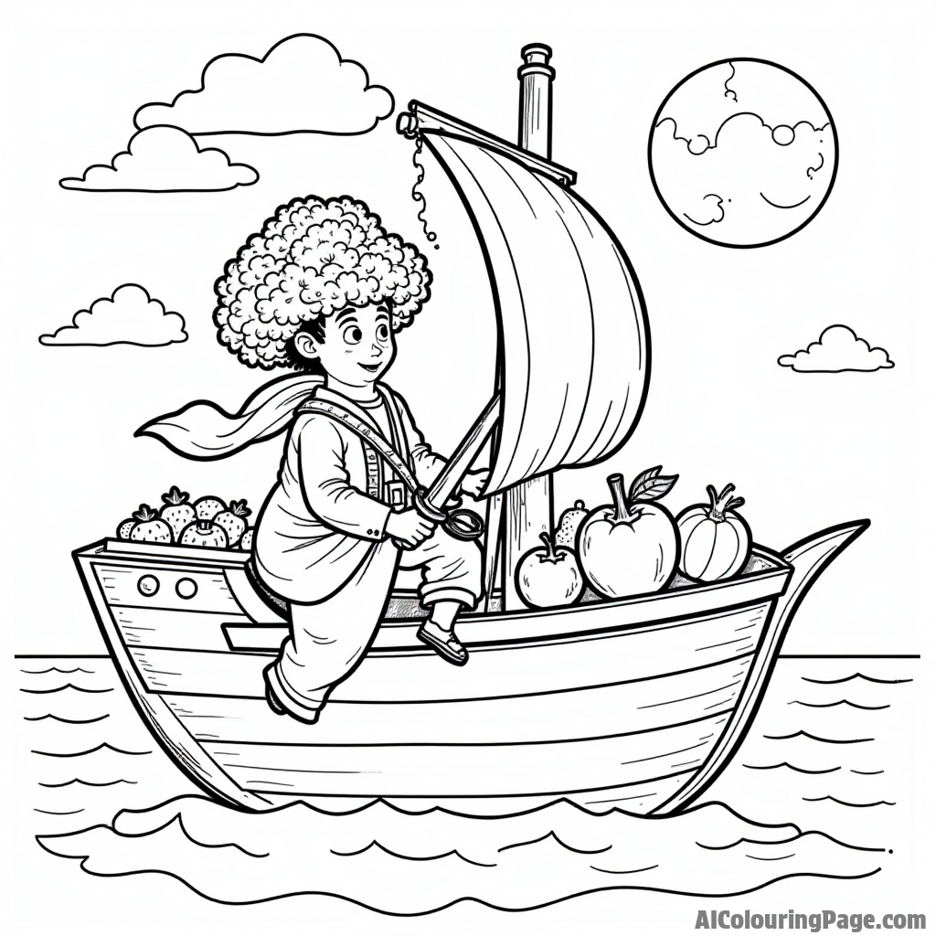 A broccoli pirate sailing on a ship made of vegetables, searching for the legendary fruit treasure on a distant island.