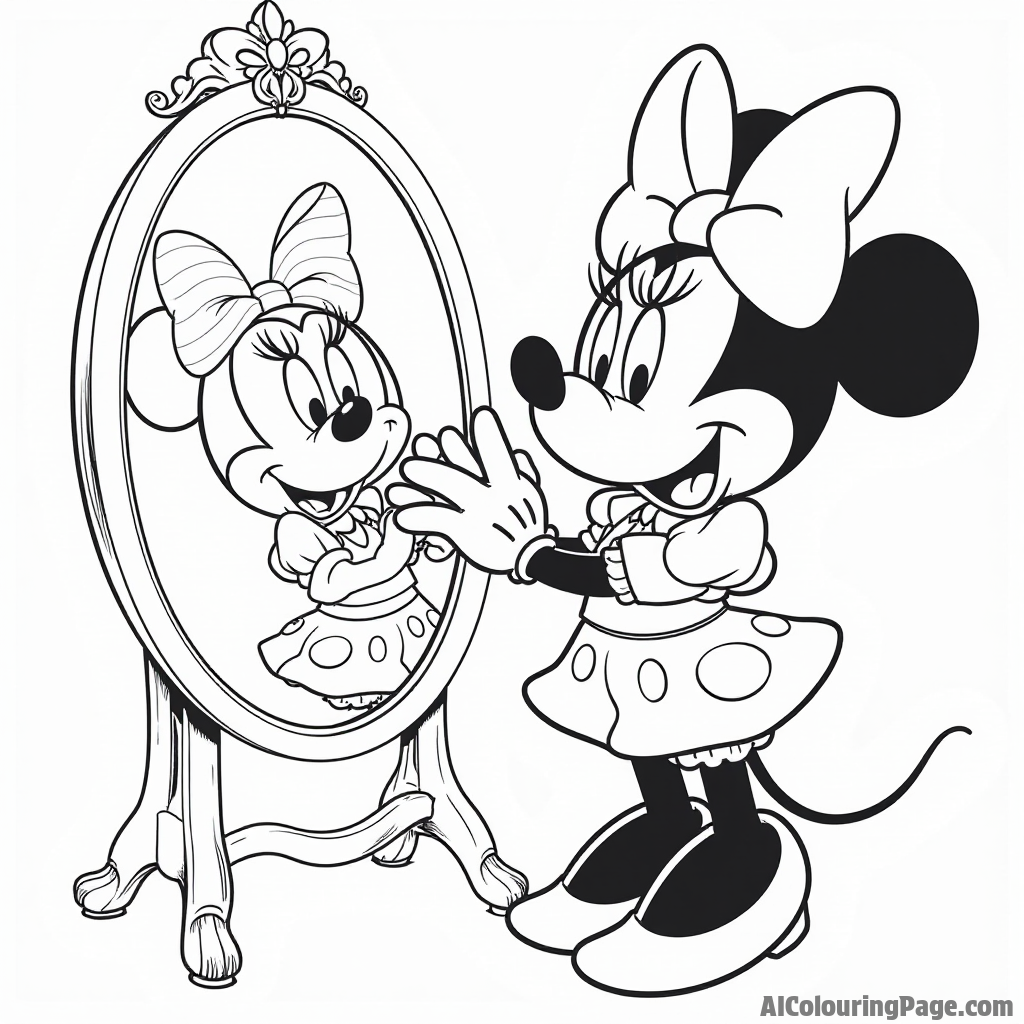 Minnie Mouse playing dress-up, trying on various hats and costumes, with a mirror reflecting her playful expressions