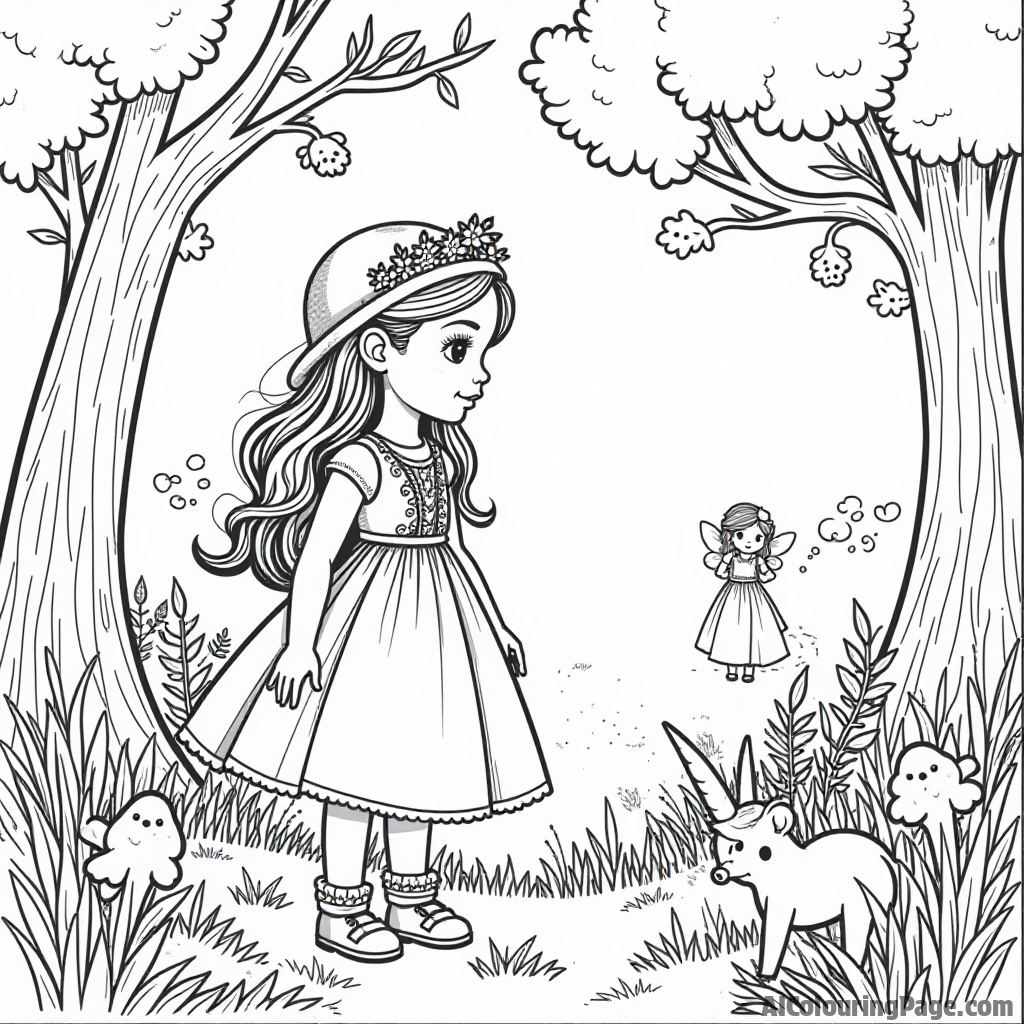 A doll exploring an enchanted forest, surrounded by magical creatures like fairies and unicorns, inviting imaginative coloring adventures for children.