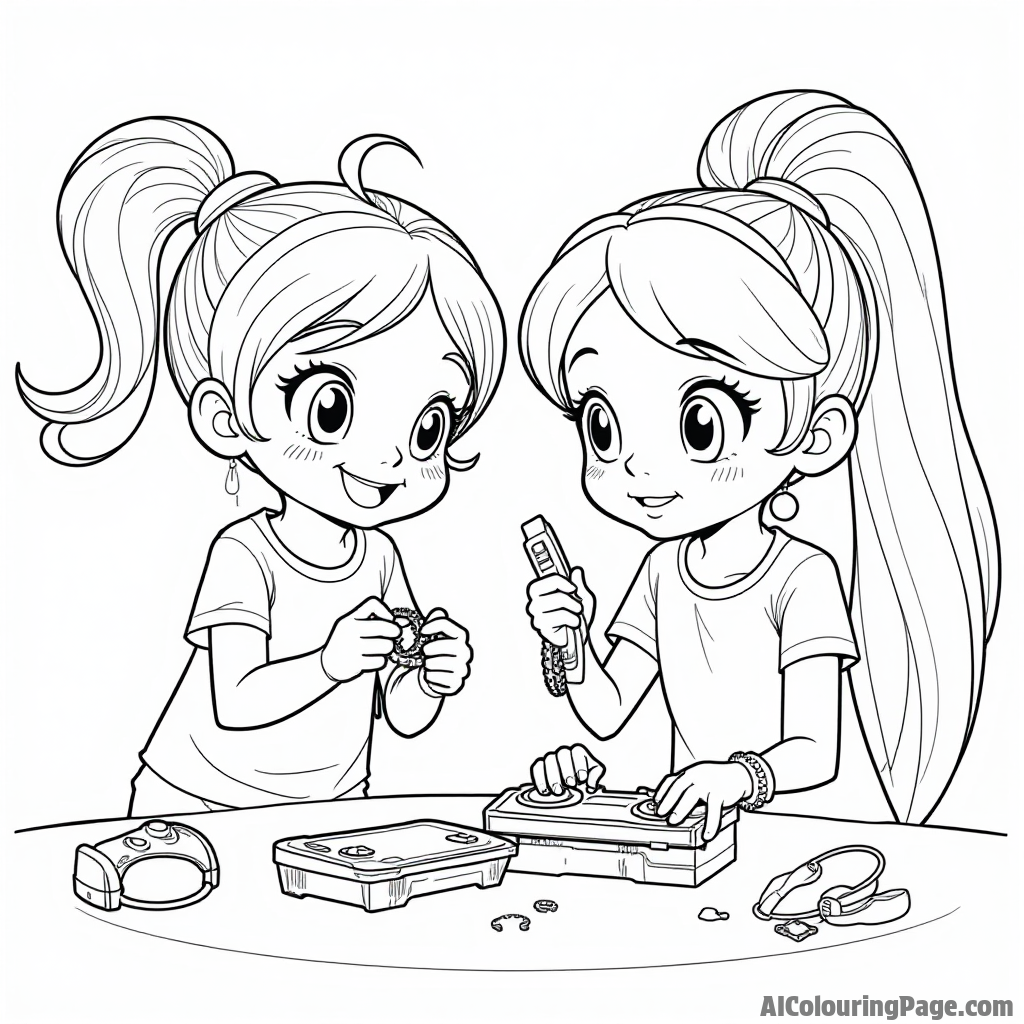 Blossom and Bubbles making friendship bracelets, while Buttercup plays video games in the background, showcasing their diverse interests