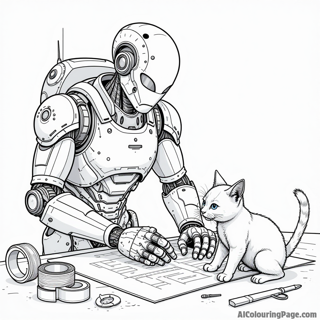 Cyborg inventing a new gadget, surrounded by blueprints and tools, while a curious cat plays with a roll of tape nearby.