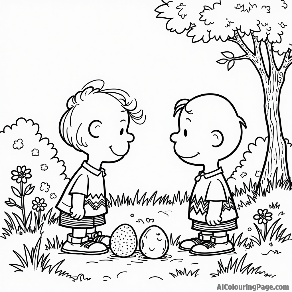 Linus and Charlie Brown searching for hidden Easter eggs in a garden filled with flowers and bushes