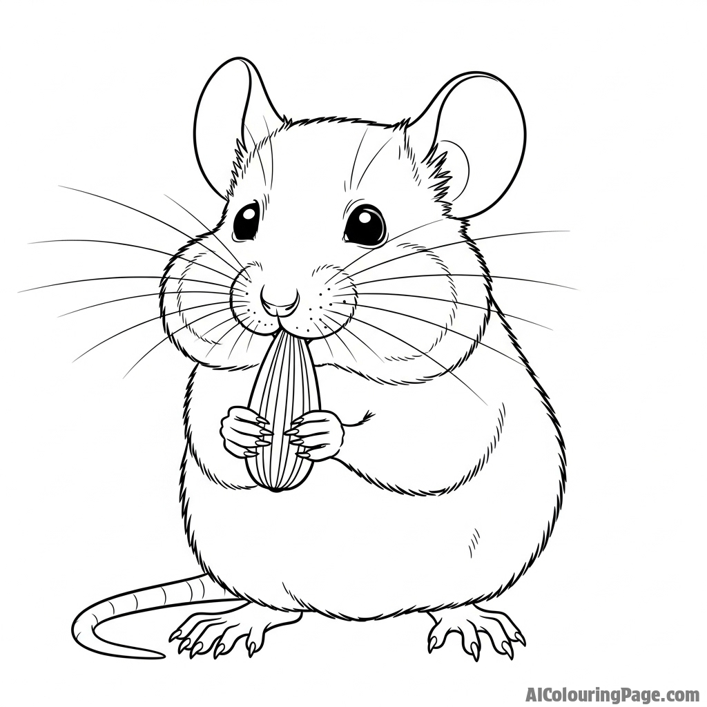 A close-up shot of a mouse nibbling on a sunflower seed, its cheeks puffed out.